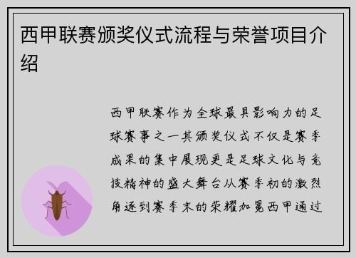 西甲联赛颁奖仪式流程与荣誉项目介绍