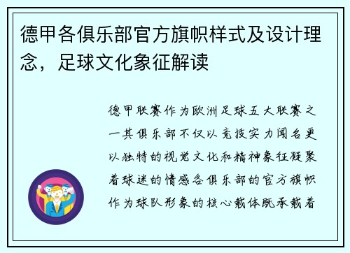 德甲各俱乐部官方旗帜样式及设计理念，足球文化象征解读
